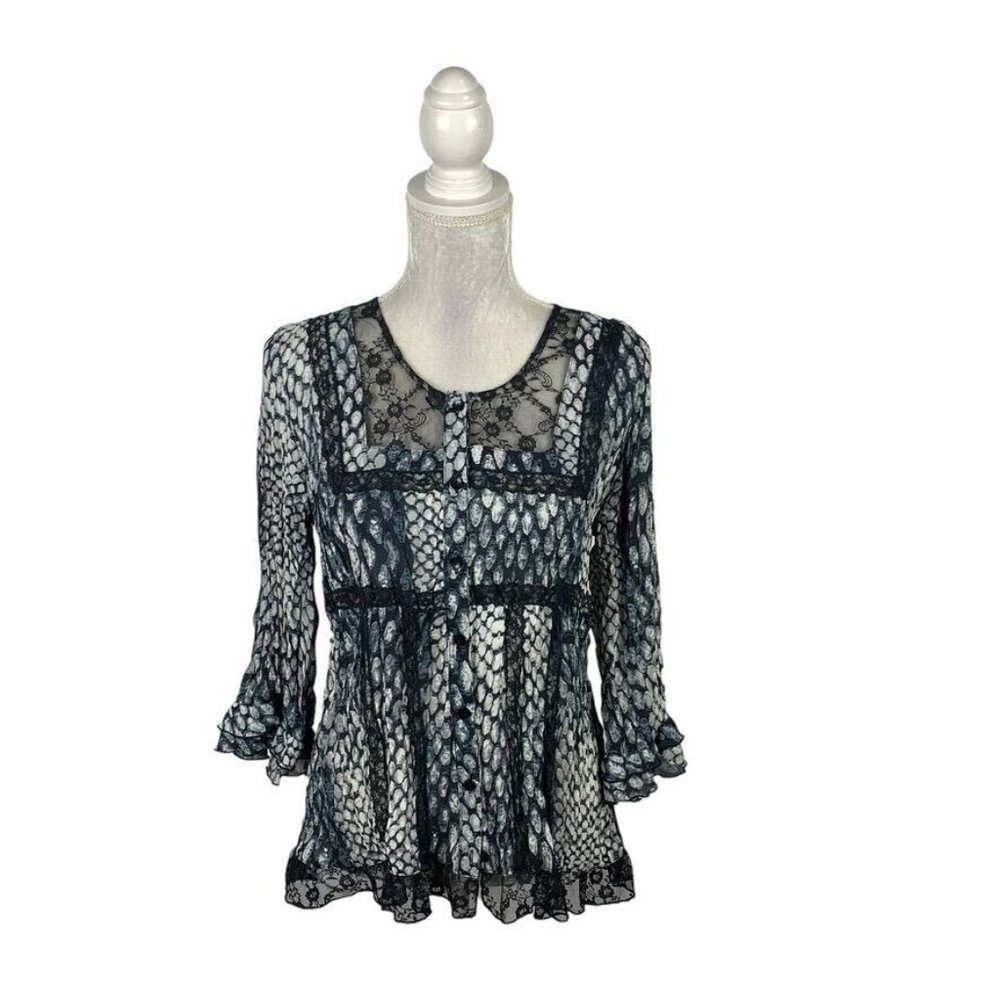 Signature Larry Levine Crinkle Blouse Victorian Gothic Witchy 3/4 Bell Sleeve L